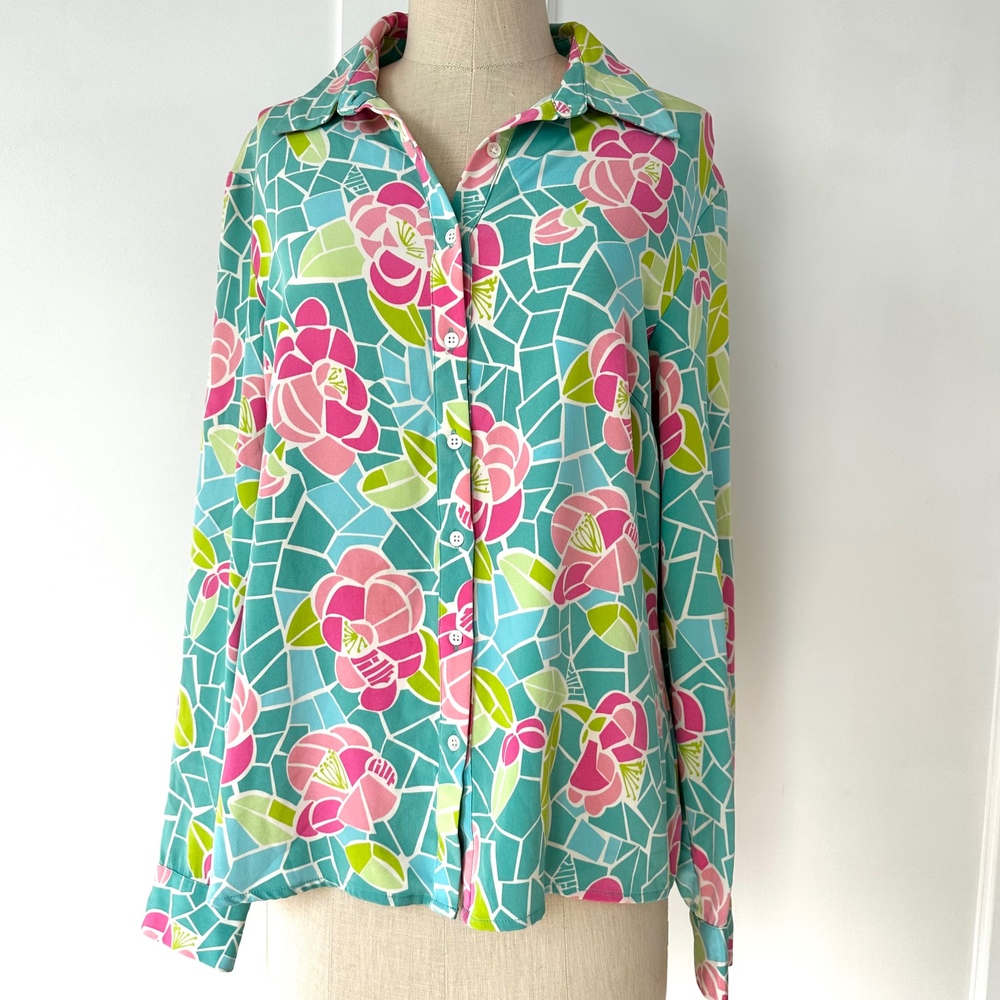 Vintage 90s Lilly Pulitzer Silk Button-Up Top Floral Print Long Sleeve Shirt‎ M
